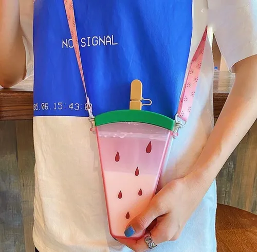 Botella De Agua 300ml Sandia Con Pitillo +cuerda Para Colgar