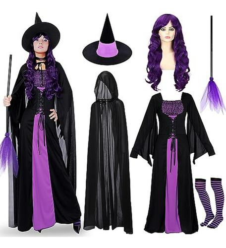 Conjunto Disfraz Bruja Halloween Mujer 7 Pzs Capa Vestido Gargantilla Escoba Calcetines Altos Sombrero Peluca