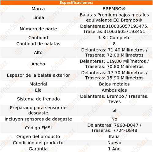 Set Balatas Bajos Metales Del + Tras Cl600 2001/2002 Brembo