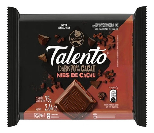 Kit C/ 15 Chocolates Talento 75g Dark 70% Nibs Cacau