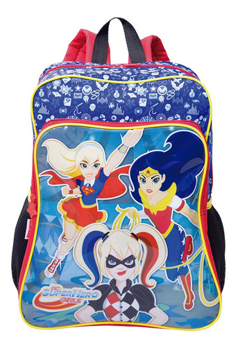 Mochila Grande Super Hero Girls 19m Plus Com Bolso Sestini Cor Azul