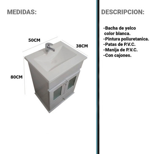 Vanitory Maral De Baño Madera Blanca 50 Cm Blanco Con 2 Puertas De Vidrio Estante Y Cajon Con Mesada De 3 Agujeros Para Griferia