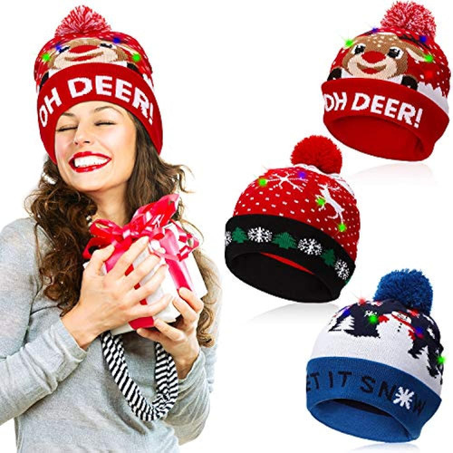 Geyoga 3 Piezas Gorro Navideño Con Luces Led Navideñas De Pu