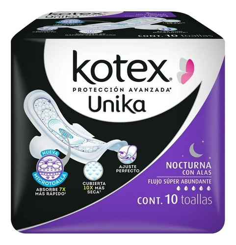 8 Pzas Toallas Femeninas Kotex Unika Nocturna Flujo Súper Ab