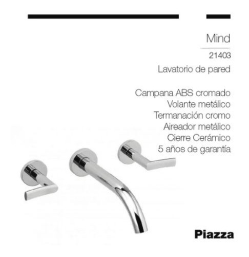 Imagen 3 de 10 de Grifería Lavatorio Pared Piazza Mind Cierre Cerámico Baño