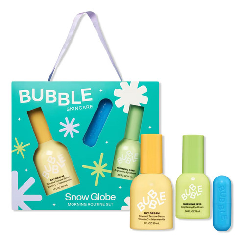Set de Regalo - Kit Cuidado Piel Bubble Skincare Snow Globe AM - DAY DREAM TONER Vitamina C Niacinamida - MORNING RAYS Crema Iluminadora para Ojos - Tell All Hidratación de Labios - PARA PIEL MIXTA