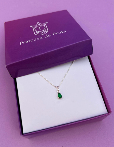 Colar Com Pingente Gota Verde Esmeralda 45cm Em Prata 925 Cor Cinza