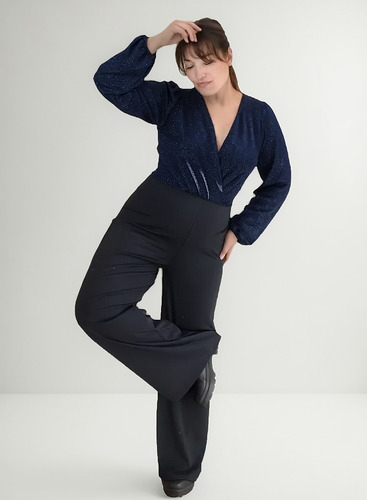 Mono Fiesta Noche Palazzo Manga Larga Lurex Negro Azul Negro Lisa Xl