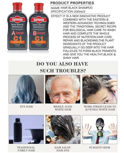 Imagen 5 de 6 de Shampoo Colorante Negro Tiñe Canas Barba 5 Minutos Caffeine