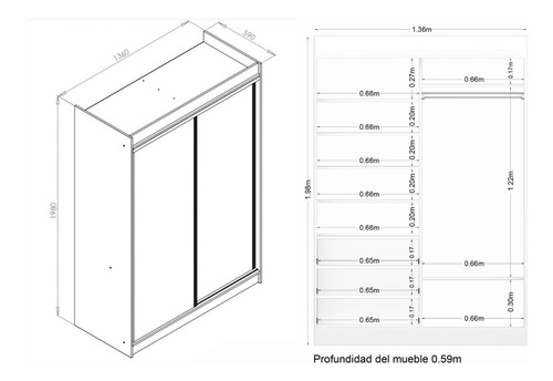 Imagen 5 de 10 de Placar Ropero Vestidor 140x200 Corrediza Espejo+