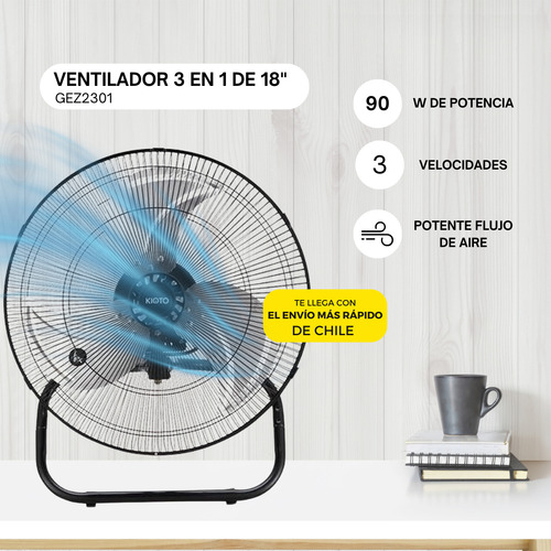 Ventilador Pedestal Industrial 90w 3 En 1 Kioto 18 Metalico Estructura Negro Diámetro 18 Material De Las Aspas Metal