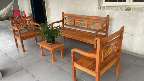 Kit Bancos Madeira Maciça 5 Lugares + Mesa De Centro Cor Marrom