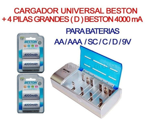 Combo Cargador Beston Universal + 4 Baterias D Grande 4000ma