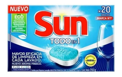 Detergente Jabon En Tabletas Lavavajillas Sun 3 En 1 X20