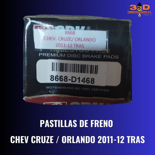  Pastillas De Freno Cruze Orlando 2011-12 Trasera