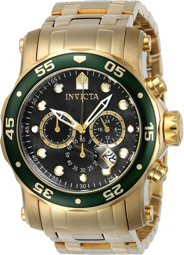 Invicta 23671 Pro Diver Troca Pulseira Plaque Ouro Cor da correia dourada e uma preta Cor do bisel Verde-escuro Cor do fundo Verde-escuro