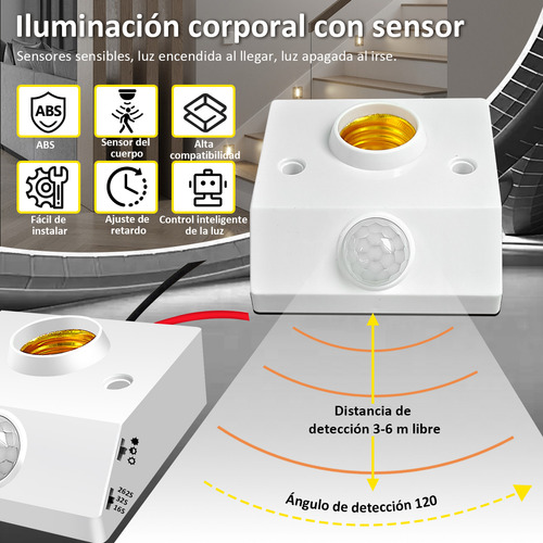 Time4buy 6pcs Socket E27 con Sensor de Movimiento PIR,Portalámpara con Sensor de Cuerpo Humano de E27 Para 2-6M/120°,Retraso de 16/32/262 s,85-265V,Para Lámparas incandescentes/de Bajo Consumo/LED