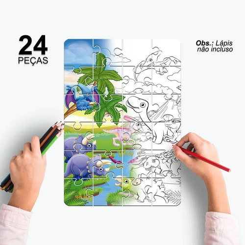 Jogo Quebra Cabeça Monte E Pinte Desenho Dinossauro Infantil