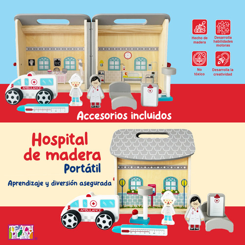 Juguete De Madera Mi Hospital Portátil Teach Play Para Niños