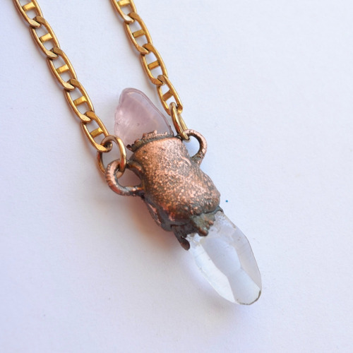 Imagen 3 de 8 de Collar De Cuarzo Rosa Y Cristal, Cadena De Bronce, Cod1