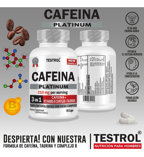 Cafeína 210 Mg | Testrol | Platinum | 90 Caps Sabor Sin sabor