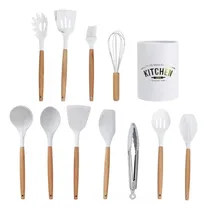 Comprar Set Kit X12 Utensilios De Cocina Mango Madera Punta Silicona