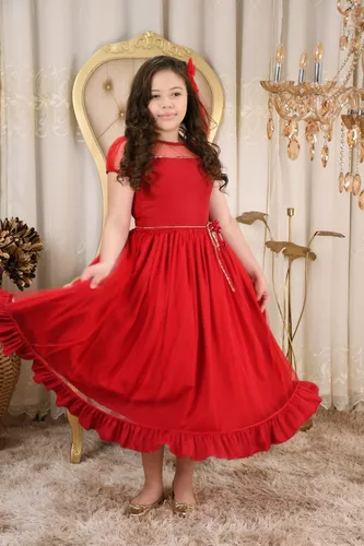 Vestido Infantil Vermelho Renda Festas Luxo Princesas - Rosa