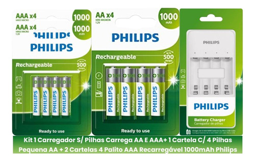 Kit Carregador C/4 Pilhas Aa + 8 Pilhas Aaa Selo Inmetro 