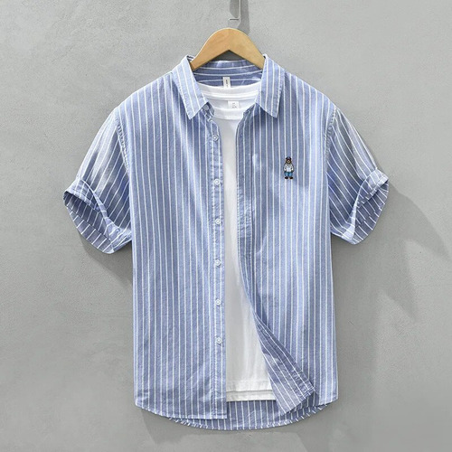 Camisa Bordada A Rayas Para Hombre Casual De Algodón De Mang