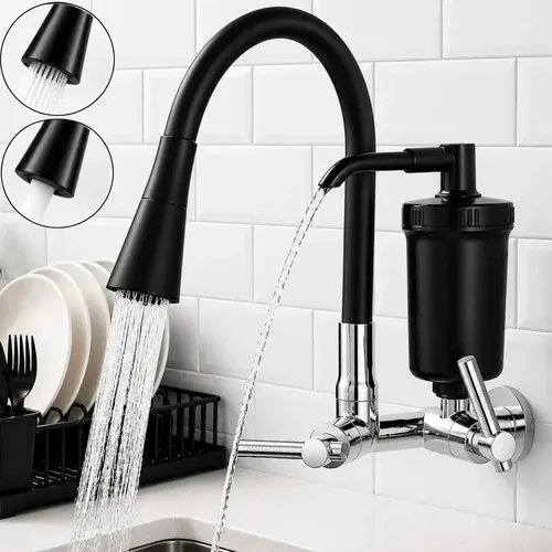 Torneira Gourmet Com Filtro Purificador De Água Flexível Pia Cozinha Bica De Parede 2 Jatos Cor Preto Linha Premium - Marca Camperluz Preto ( Parede C/ Filtro ) Cromado
