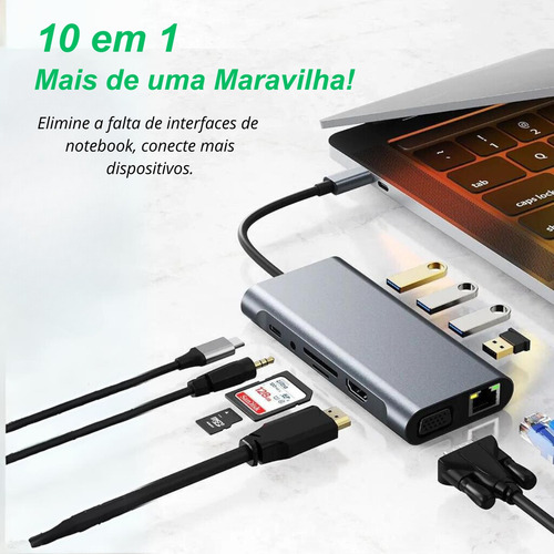 Hub Adaptador 10 Em 1 Tipo C Usb 3.0 Hdmi Rj45 Micro Sd Tf