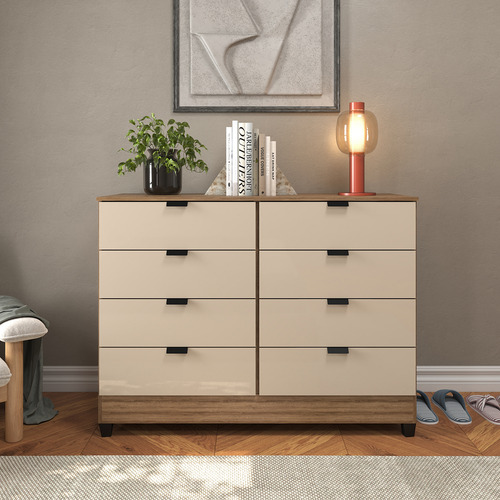 Cômoda 8 Gavetas Grande P/ Quarto Casal Industrial Off White E Madeirado Organizador De Roupas C/ Design Moderno E Sofisticado Mod. Gk