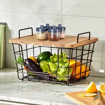 Comprar Organizador Cocina baño Cesto Canasto de Metal con Tapa tabla madera – Apilable Multiuso IMBACK