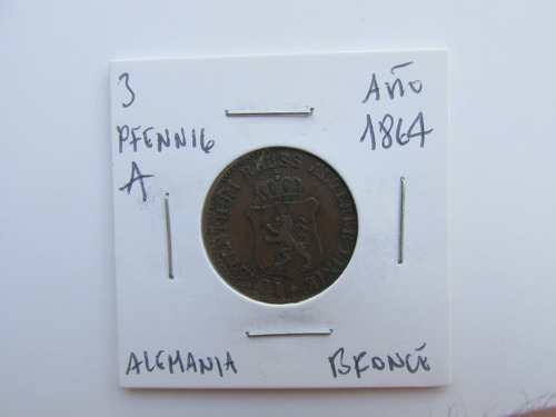 Antigua Moneda Alemania 3 Pfennig Bronce Año 1864 Escasa