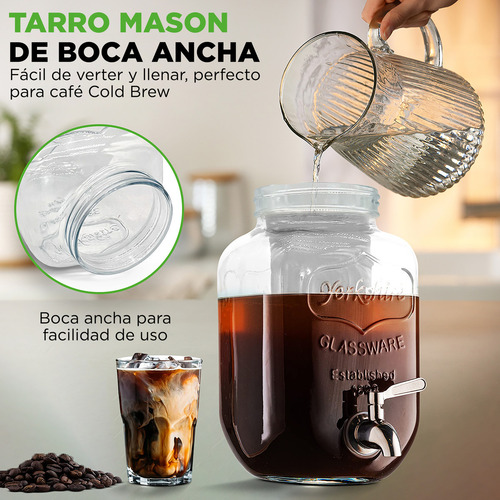 Cafetera para Cold Brew Café Frío de 3.8L NutriChef NCCOFF87 Frasco de Vidrio con Grifo de Acero Inoxidable y Filtro Reutilizable Antigoteo y Fácil de Limpiar