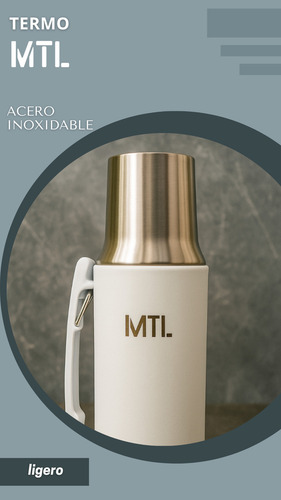 Termo Mtl 1 Litro Acero Inoxidable Pico Cebador Mate System Color Blanco Tapa Vaso Térmico Reforzado Alta Resistencia Líquidos Calientes Fríos