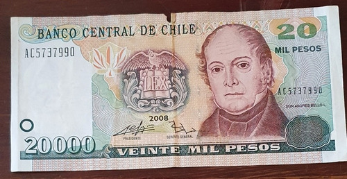 Billete De $20000 Del Año 2008 En Buen Estado Con Detalle