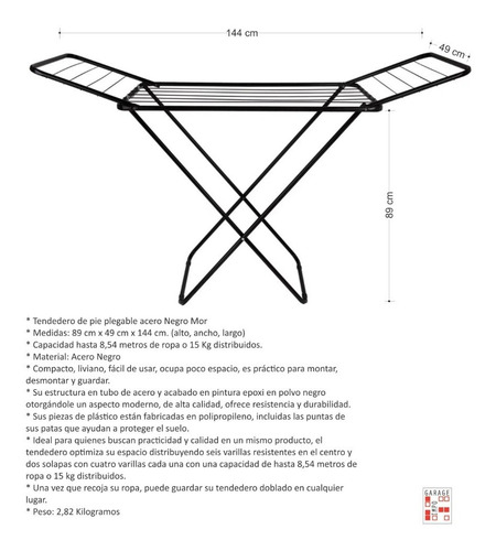 Imagen 2 de 7 de Tendedero De Pie Plegable Acero 8 Mts Ropa Mor - Garageimpo