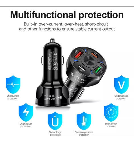 Imagen 2 de 5 de Cargador Rápido 30 W De Auto / 3,1 A / 4 Puertos / Usb Y C