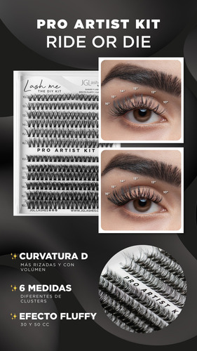 Jglashes Lash Me. Pro Artist Kit Extensiones De Pestañas Diy Color Ride or die 30cc y 50cc Bond negro Espesor 1 mm Largo 10 mm Tipo de curvatura D