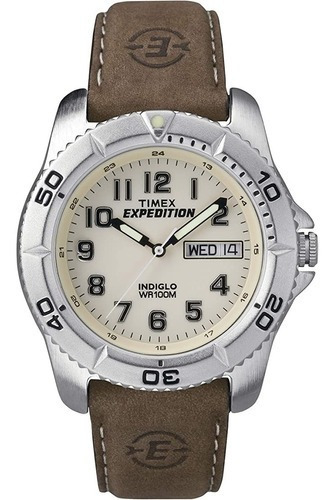 Relógio tradicional Timex T46681 Expedition com pulseira de couro, cor da pulseira: marrom, cor do bisel, cor de fundo prateada, cor de fundo, creme