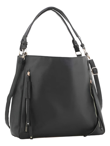 Cartera Pu Extra Large Con Correa Extraible La Chapelle Negro Lisa Oro Negro
