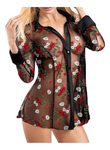 Nueva Camisa Bordada Floral De Malla Transparente Bodydoll