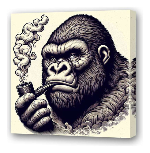 Cuadro 20x20cm Gorila Fumando Pipa Mirando Serio Retro