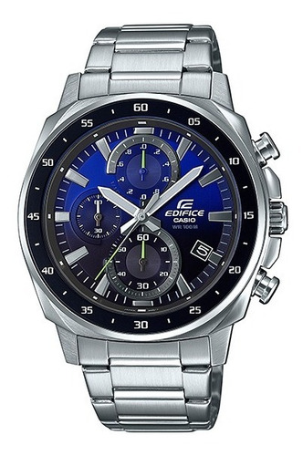 Reloj pulsera Casio Edifice EFV-600 de cuerpo color plateado, analógico, para hombre, fondo negro y azul, con correa de acero inoxidable color plateado, agujas color blanco, plateado y amarillo, dial plateado, subesferas color azul y negro y plateado, minutero/segundero plateado, bisel color negro y desplegable