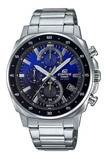 Reloj pulsera Casio Edifice EFV-600 de cuerpo color plateado, analógico, para hombre, fondo negro y azul, con correa de acero inoxidable color plateado, agujas color blanco y plateado y amarillo, dial