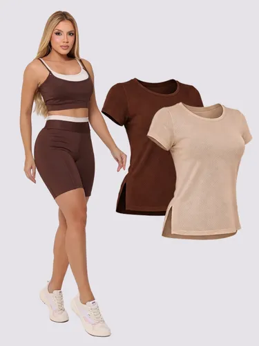 Conjunto Fitness 3 Pçs Top + Bermuda C/ Bolso Blusa Dry Fit Marrom Gg