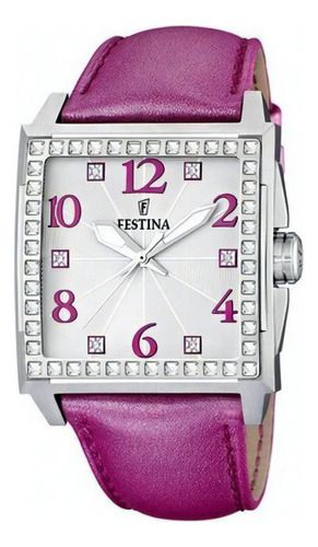 Reloj Festina Mujer Cuero Cristales Oficial F16571.4 Color De La Malla Rosa Color Del Bisel Plateado Color Del Fondo Blanco