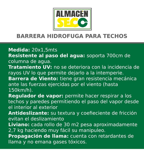 Aislante Barrera Hidrófuga Para Techos 1,5x20mts 30m2