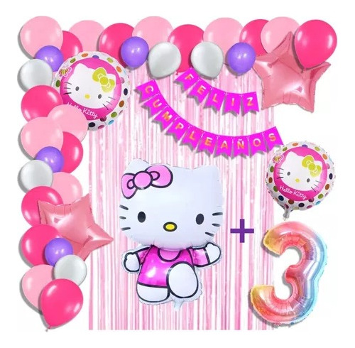 Combo De Globos Hello Kitty Cortina Numero Arco Cotillón